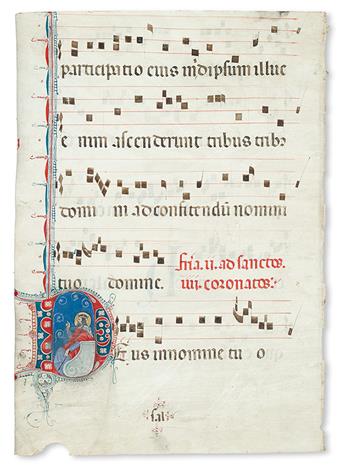 MANUSCRIPT LEAF.  Vellum leaf from a Latin choirbook with spurious illuminated initial D.  15th ct. [illumination painted later]